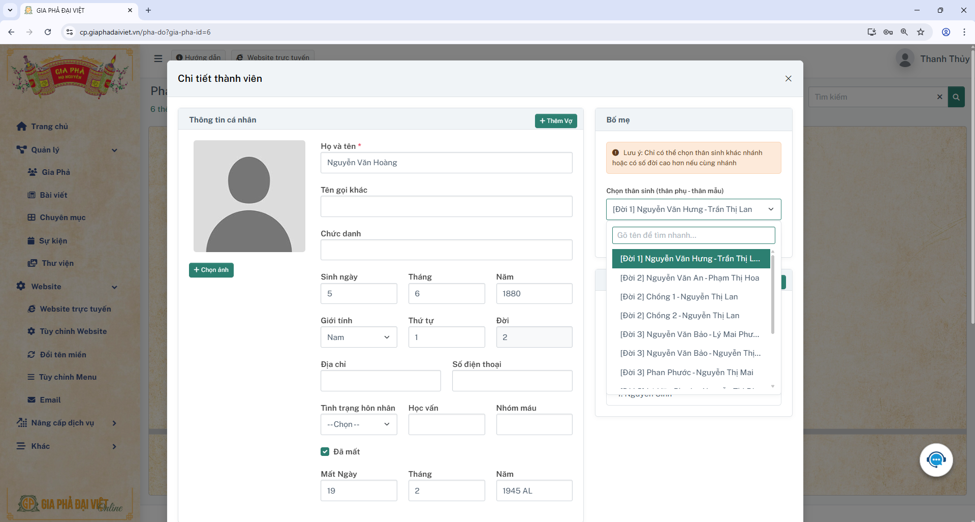 Gia phả đại việt CẬP NHẬT TÍNH NĂNG MỚI: "CẬP NHẬT NHÂN SINH"