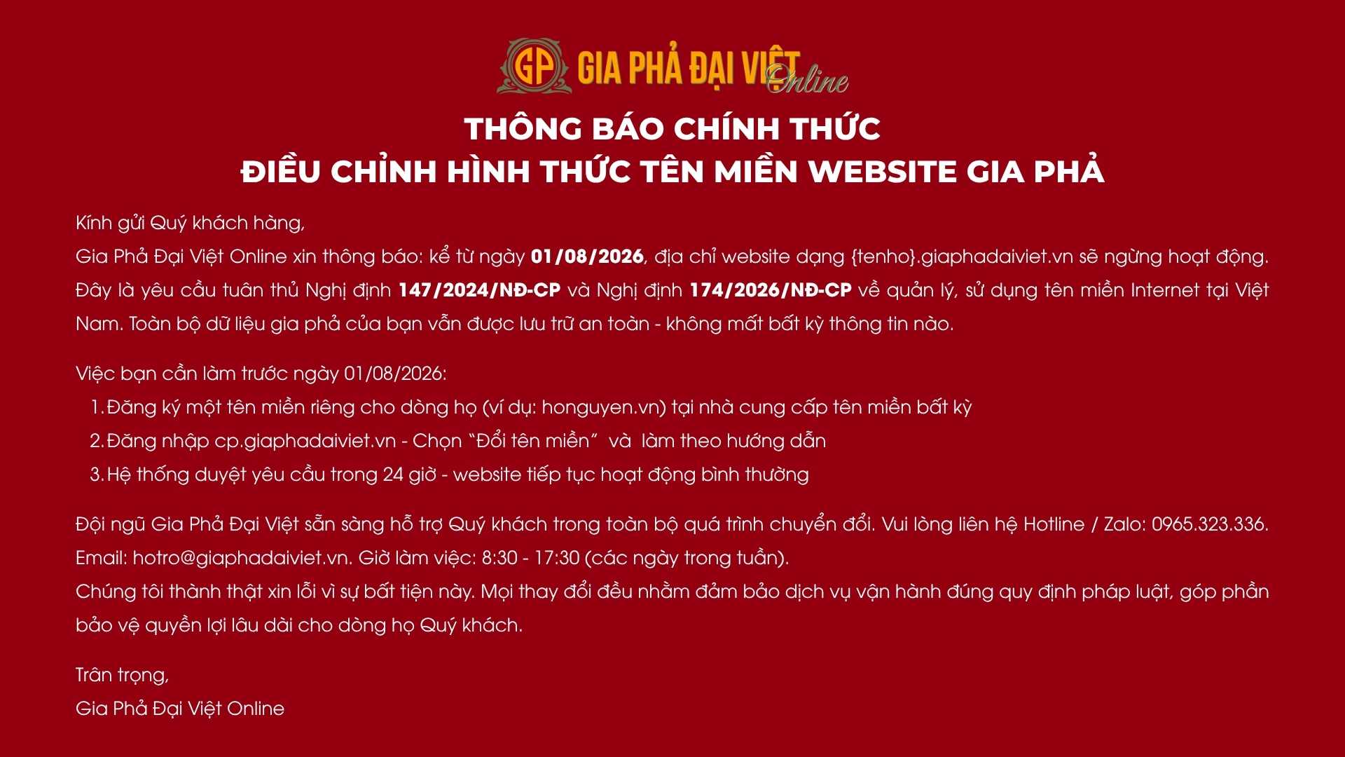 THÔNG BÁO: Điều chỉnh hình thức tên miền website gia phả theo Nghị định 147/2024/NĐ-CP và Nghị định 174/2026/NĐ-CP