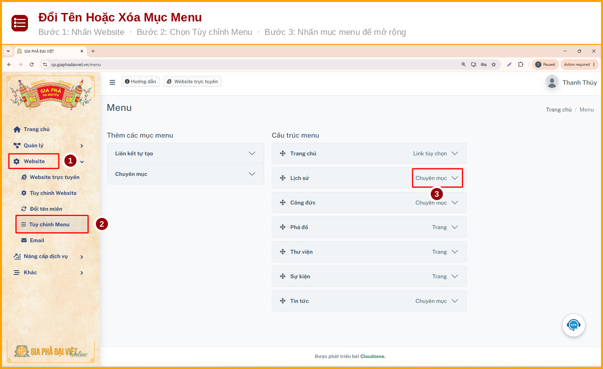 doi ten hoac xoa muc menu buoc 1 2 3