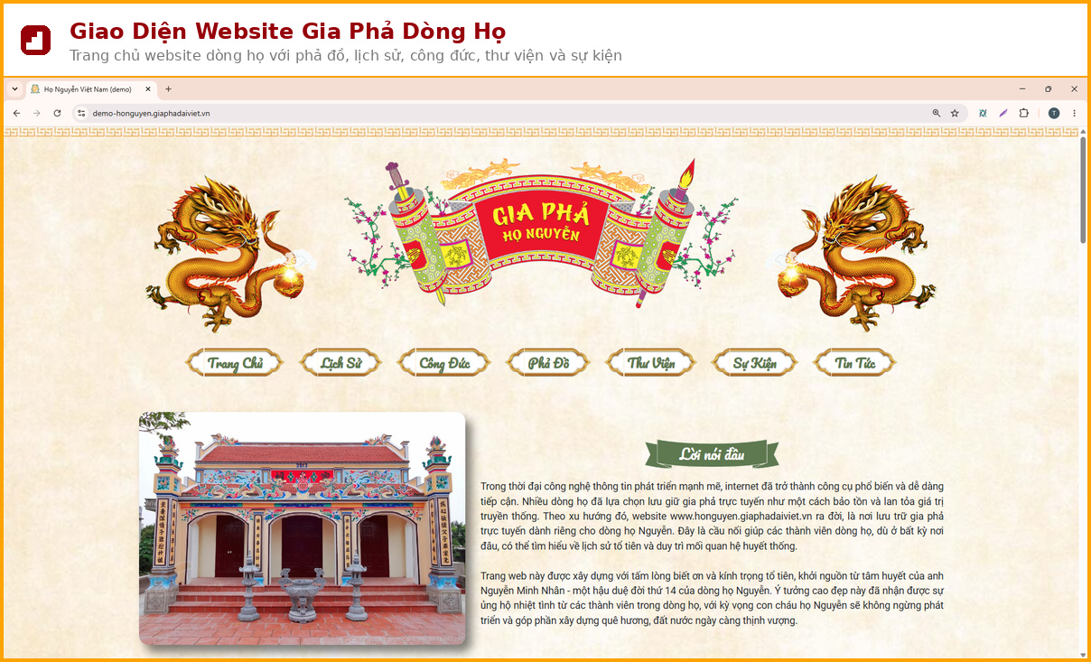 Ảnh chụp giao diện website gia phả dòng họ mẫu - demo-honguyen.giaphadaiviet.vn