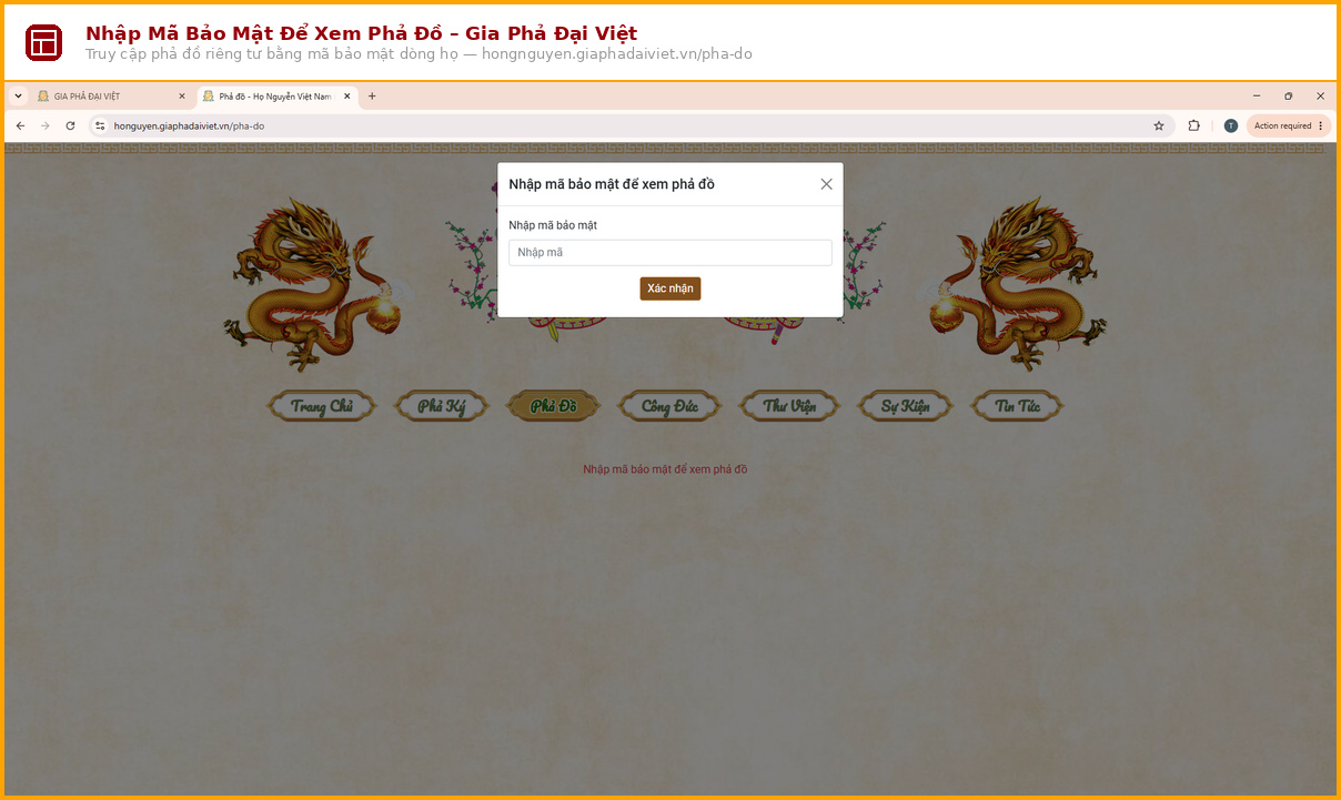 Giao diện phả đồ trên website dòng họ đã chuyển chế độ Riêng tư và chỉ những ai có mã bảo mật mới xem được phả đồ