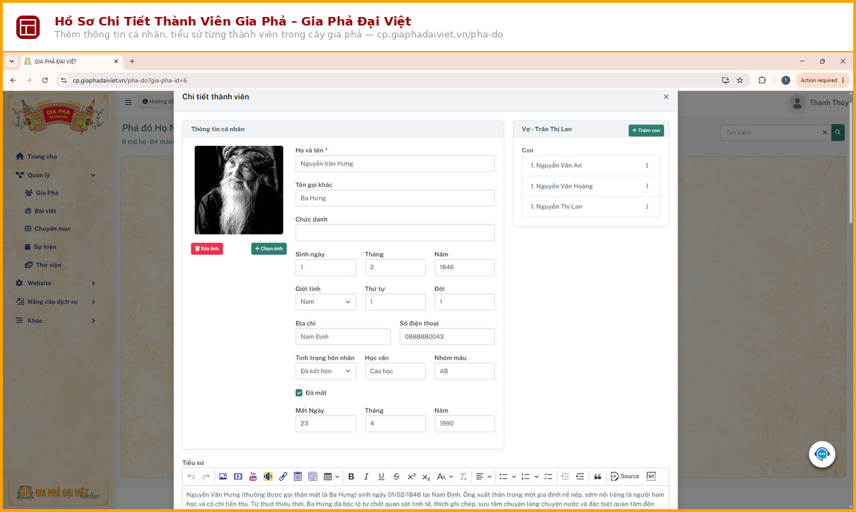Hướng Dẫn Tạo Cây Gia Phả Online Với 8 Bước 7 ho so chi tiet thanh vien gia pha gia pha dai viet 1