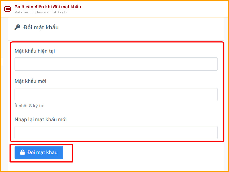 Ba ô cần điền khi đổi mật khẩu tài khoản gia phả, mật khẩu mới ít nhất 8 ký tự
