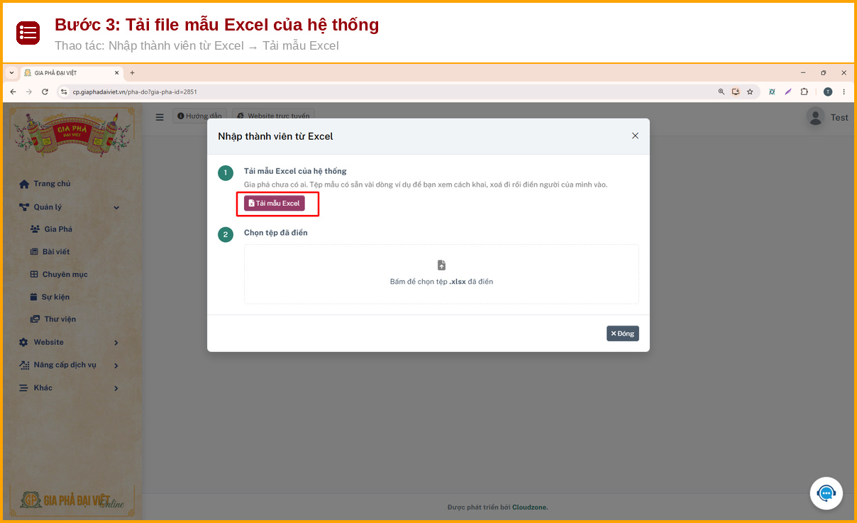 Hướng Dẫn Nhập Gia Phả Bằng File Excel Chỉ Trong 4 Bước 4 Nhấn Tải mẫu Excel trong hộp thoại nhập gia phả bằng file Excel