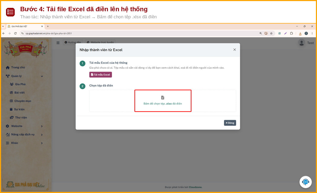 Hướng Dẫn Nhập Gia Phả Bằng File Excel Chỉ Trong 4 Bước 7 Bấm để chọn tệp xlsx đã điền khi nhập gia phả bằng file Excel