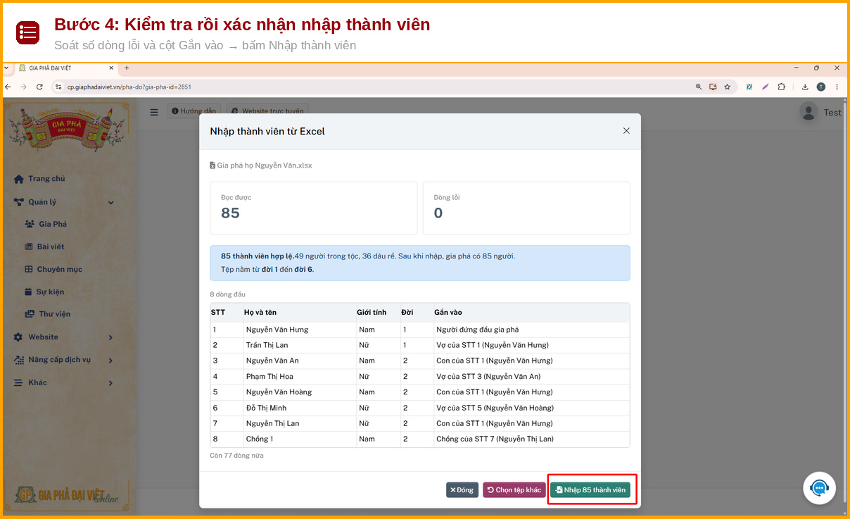 Hướng Dẫn Nhập Gia Phả Bằng File Excel Chỉ Trong 4 Bước 8 Bảng kiểm tra trước khi nhập gia phả bằng file Excel với cột Gắn vào