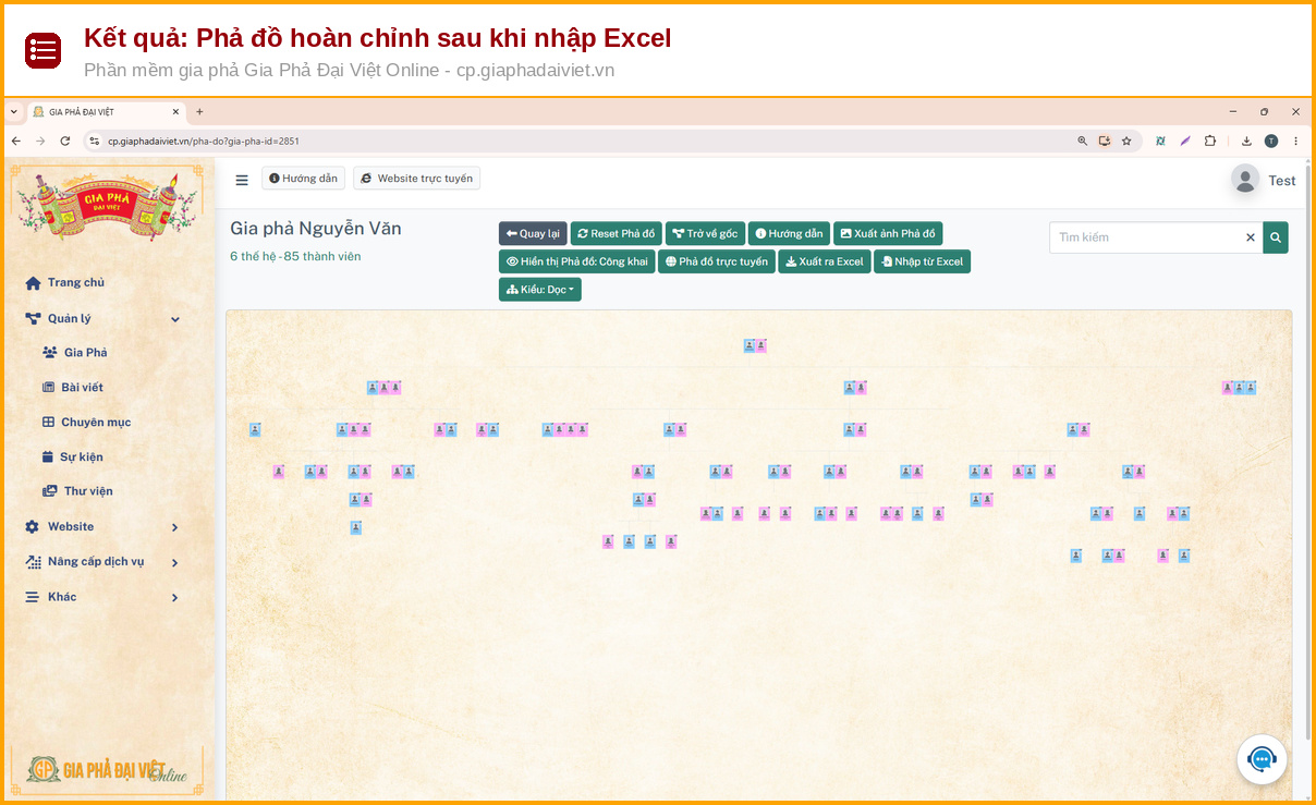 Hướng Dẫn Nhập Gia Phả Bằng File Excel Chỉ Trong 4 Bước 9 Phả đồ 6 thế hệ 85 thành viên sau khi nhập gia phả bằng file Excel