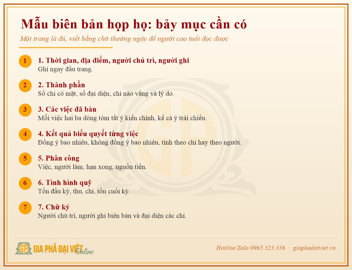 Mẫu biên bản họp họ bảy mục trong cách tổ chức họp họ