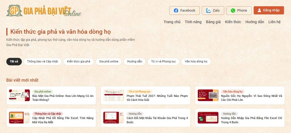 Trang Kiến thức mới của Gia Phả Đại Việt với hàng sáu chuyên mục và khối Bài viết mới nhất