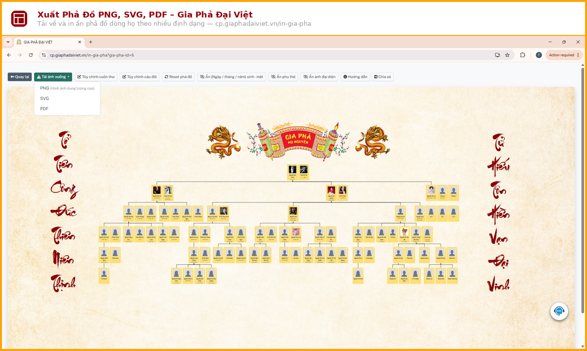 Trang in phả đồ trên Gia Phả Đại Việt với menu tải về dạng PNG, SVG, PDF