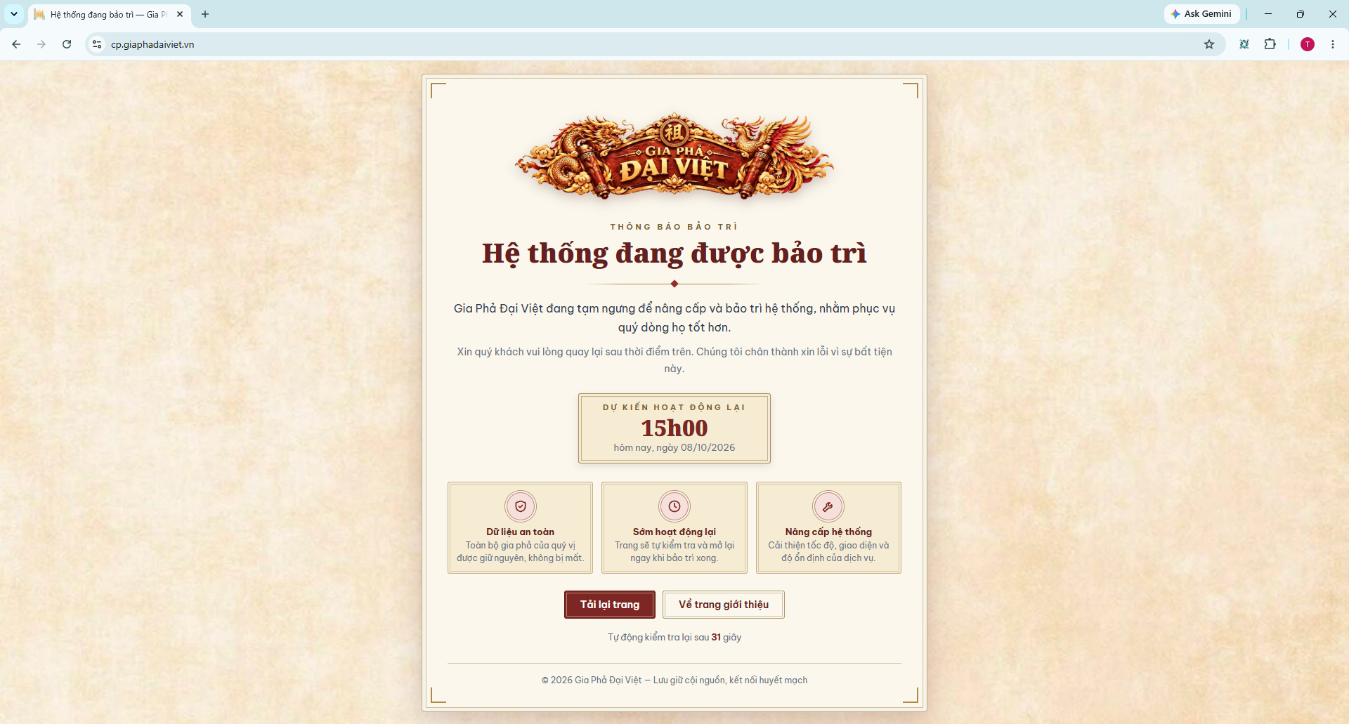 Thông Báo Bảo Trì Hệ Thống Gia Phả Đại Việt 08/10/2026